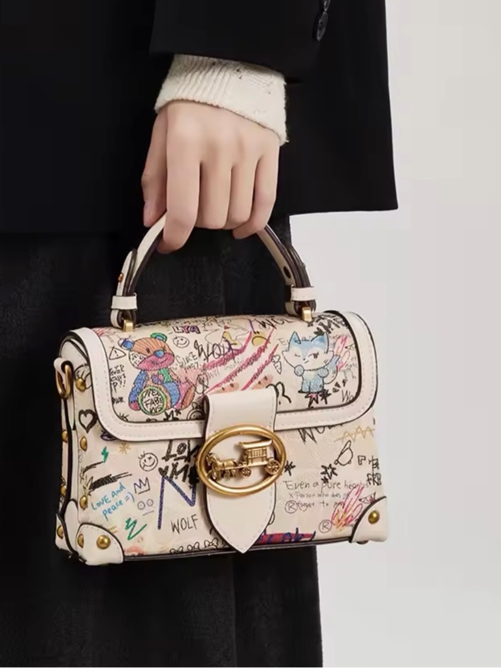New designer inspired White Graffiti-Print Top Handle Bag